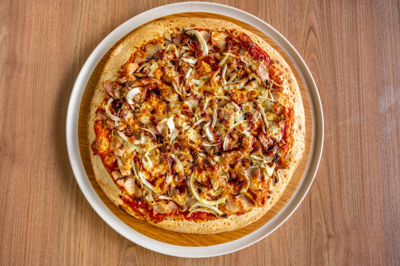 Smoky BBQ Chicken pizza with caramelized onions
